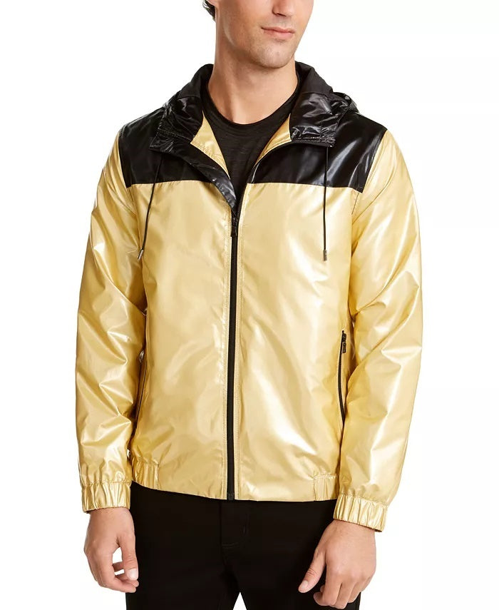 Jaqueta corta-vento Alfani masculina com blocos de cores e zíper, amarela, tamanho pequeno