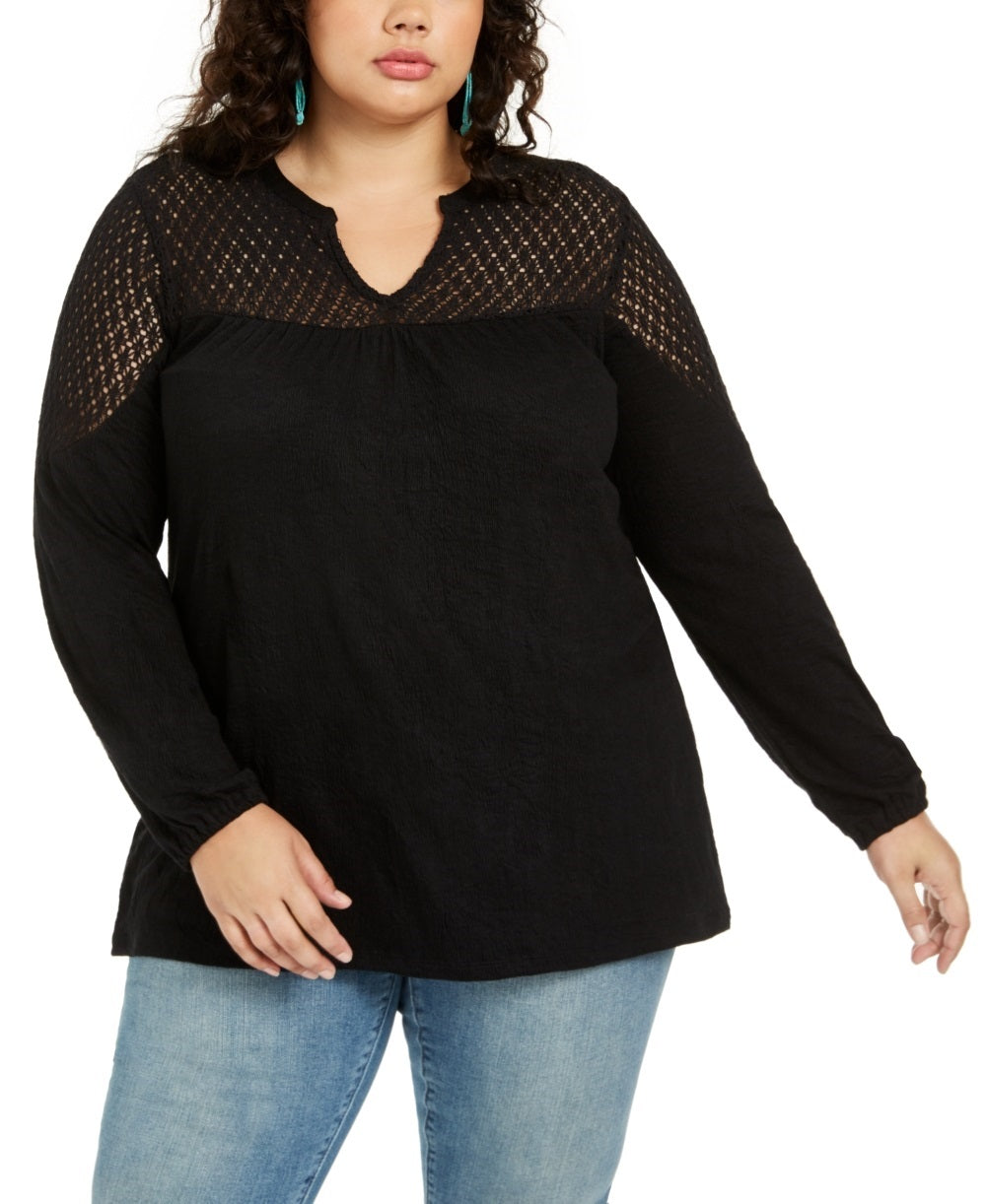 Blusa texturizada com ombros de renda plus size feminina Style &amp; Co, preta, tamanho 0X