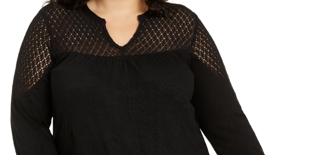 Blusa texturizada com ombros de renda plus size feminina Style &amp; Co, preta, tamanho 0X