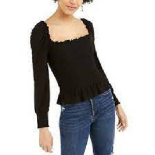 Blusa feminina Bar III com decote quadrado e franzido, preta, tamanho grande