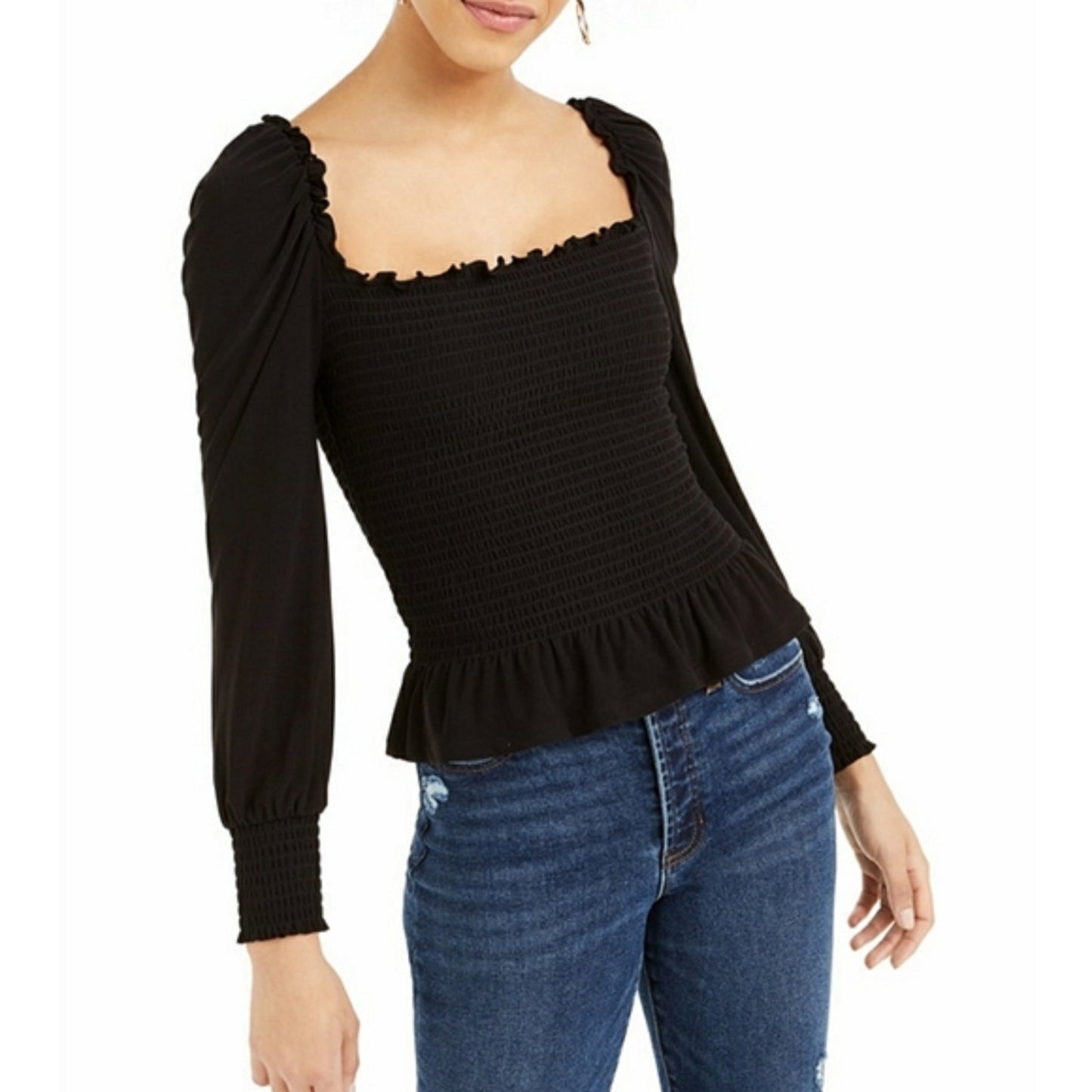 Blusa feminina Bar III com decote quadrado e franzido, preta, tamanho extra grande
