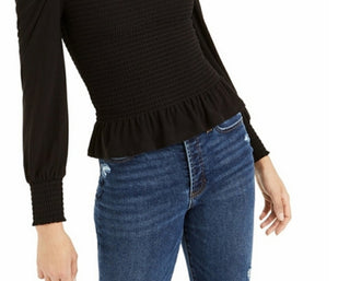 Bar III Women's Smocked Square-Neck Top Black Size Extra Large