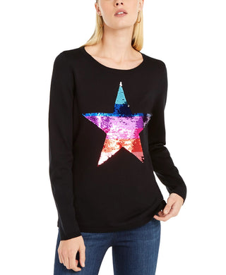 Suéter feminino com lantejoulas e estrela da INC International Concepts, preto, tamanho X-S