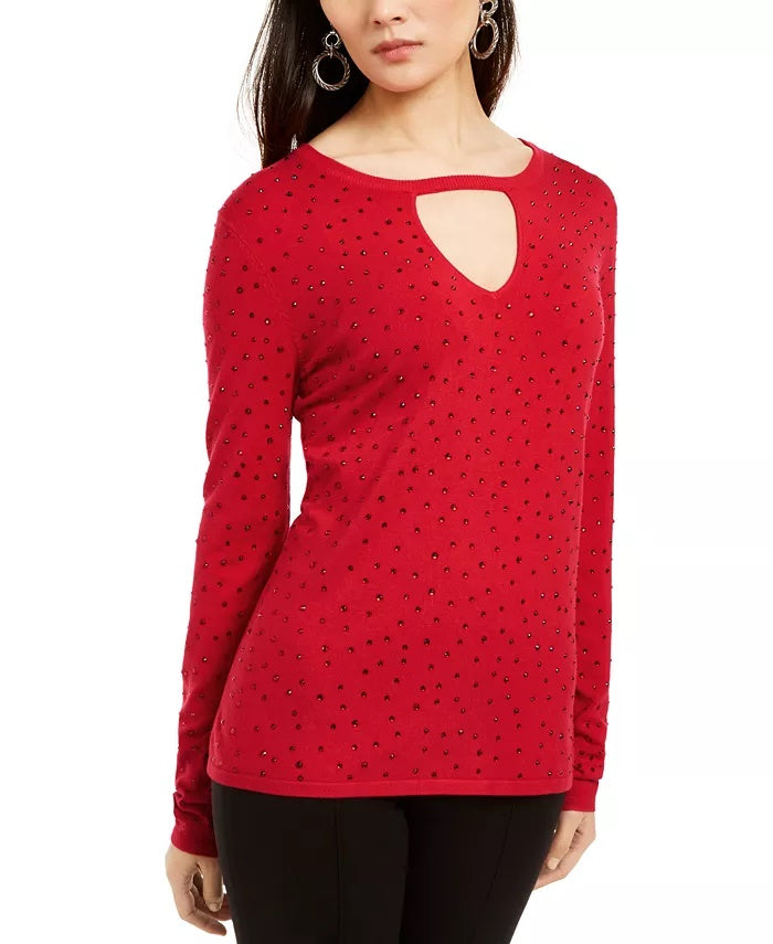 Suéter feminino com decote em V e botões da INC International Concepts, tamanho XS, vermelho