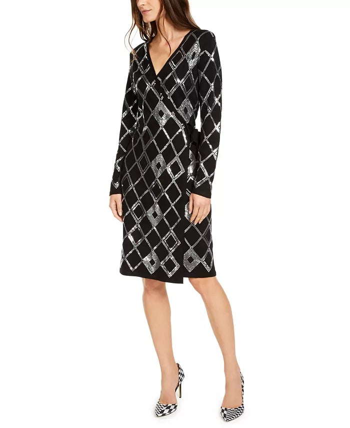 Vestido suéter feminino com lantejoulas e estampa de bolinhas, preto, tamanho X-S