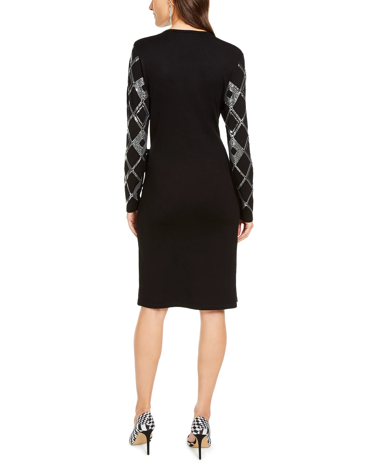 Vestido suéter feminino com lantejoulas e estampa de bolinhas, preto, tamanho X-S