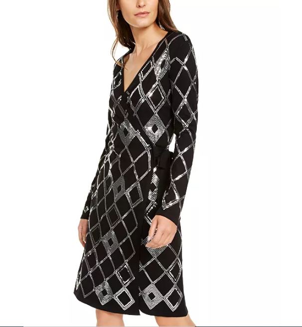 Vestido suéter feminino com lantejoulas e estampa de bolinhas, preto, tamanho X-S