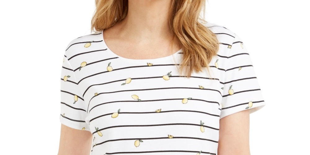 Karen Scott Blusa feminina listrada limão com decote redondo, branca, tamanho pequeno