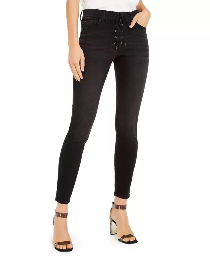 Calça jeans skinny feminina com cadarço, preta, tamanho 2, da INC International Concepts