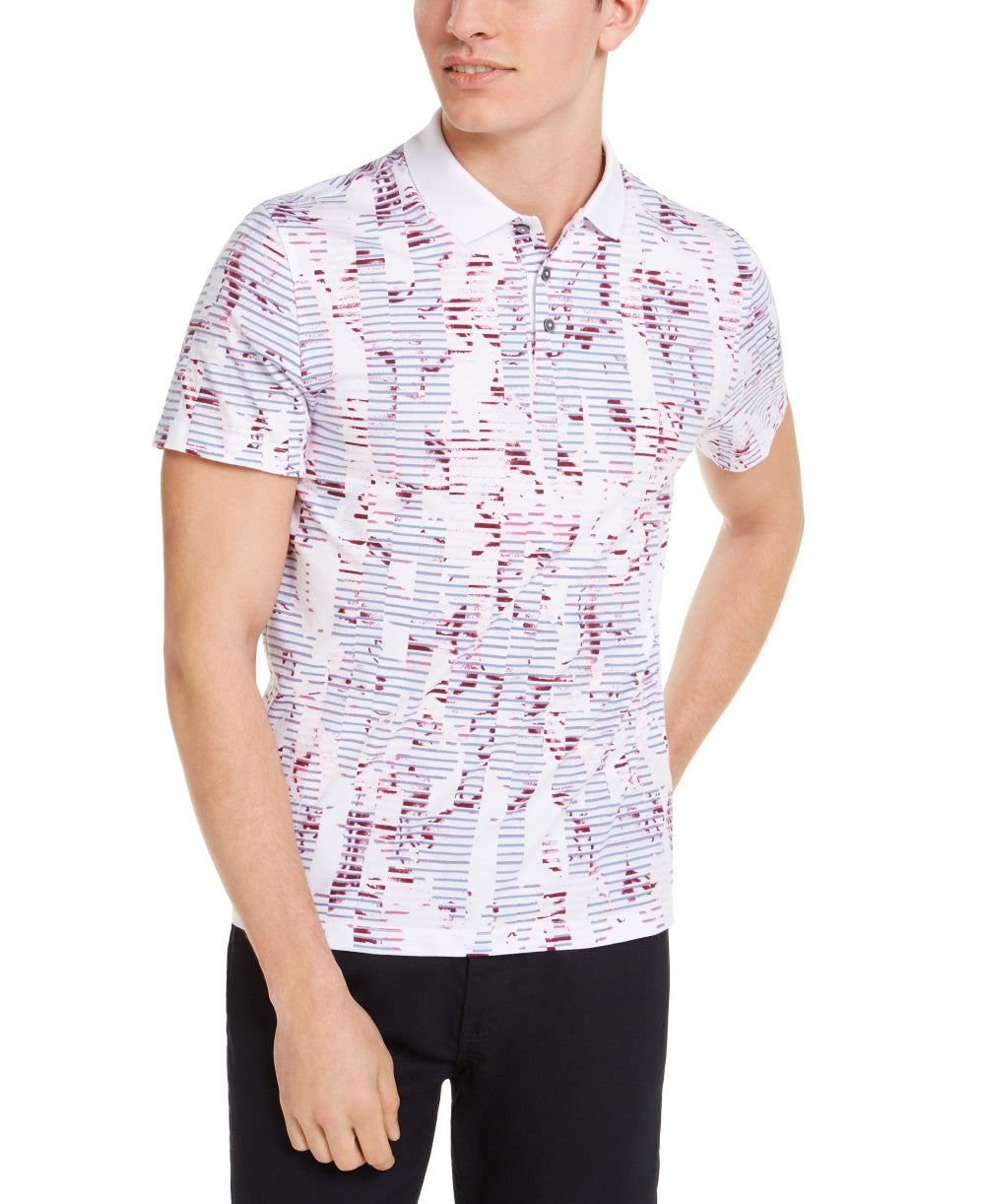 Camisa polo masculina listrada floral Alfani, branca, tamanho XX-G
