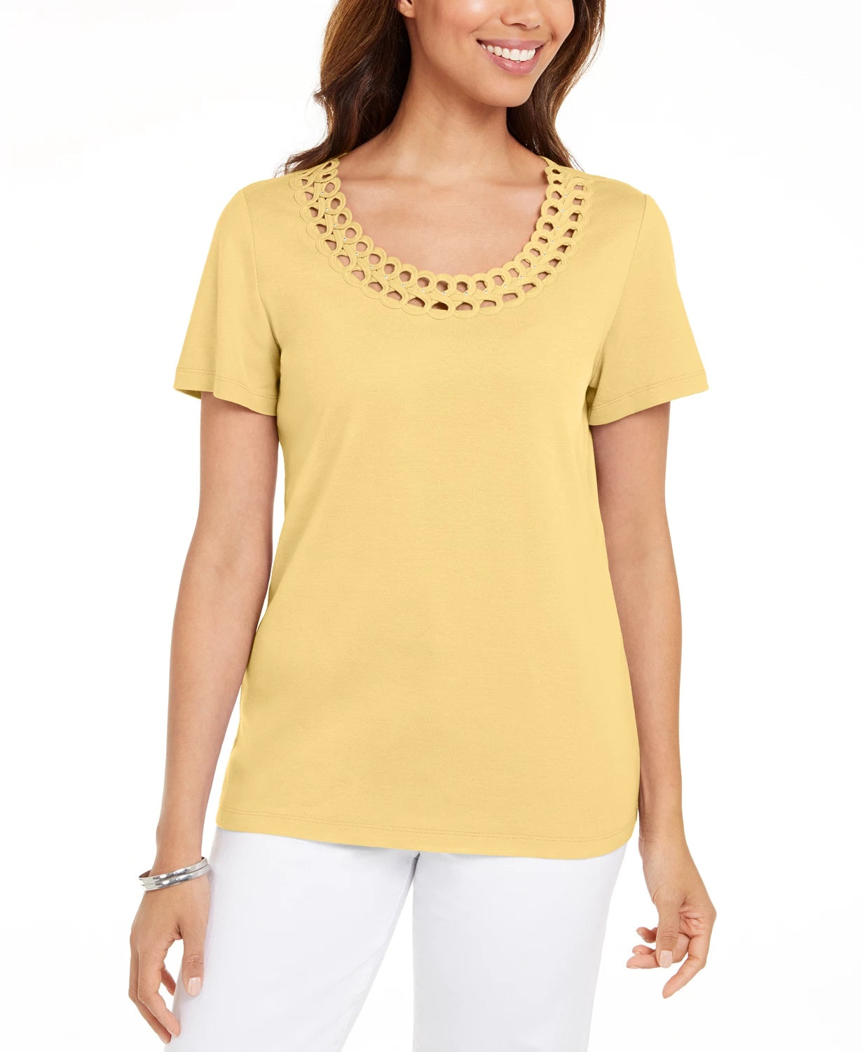 Camiseta feminina Karen Scott de algodão com gola recortada, amarela, tamanho pequeno