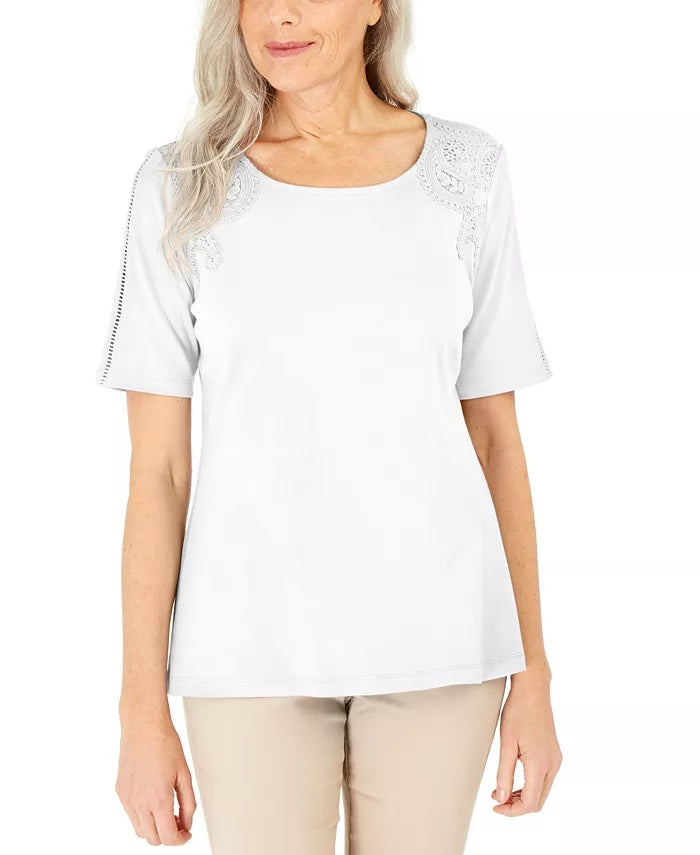 Blusa feminina Karen Scott de algodão com crochê frontal, branca, tamanho X-S