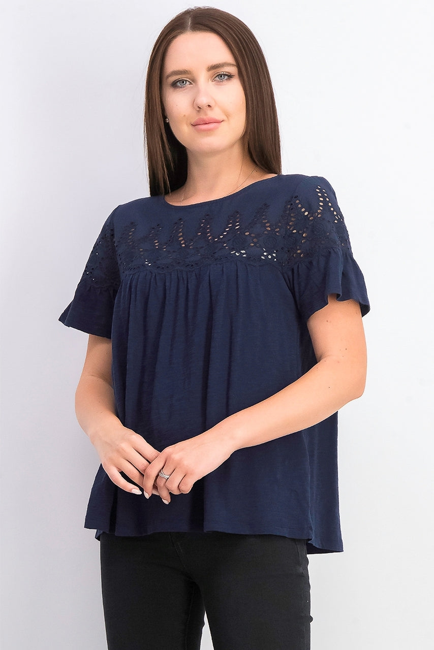 Top de algodão com ilhós e jugo feminino Style &amp; Co, azul-marinho, tamanho grande