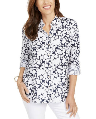 Charter Club Women's Printed Roll Sleeve Linen Blend Top Blue Size Small
