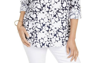 Charter Club Women's Printed Roll Sleeve Linen Blend Top Blue Size Small