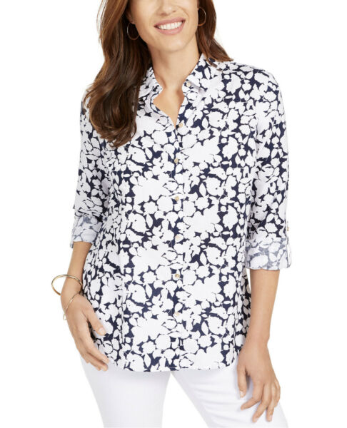 Blusa feminina estampada com mangas dobradas Charter Club, azul, tamanho X-S