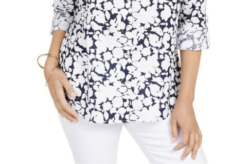 Blusa feminina estampada com mangas dobradas Charter Club, azul, tamanho X-S
