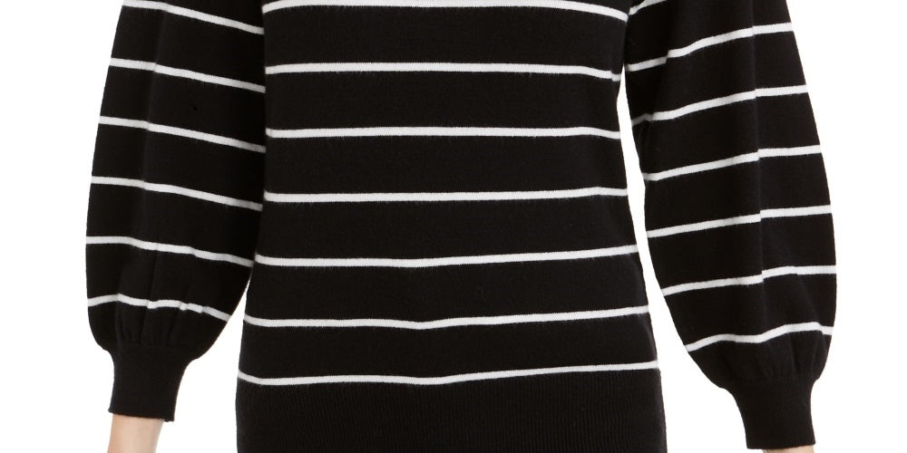 Suéter listrado feminino Maison Jules com manga bufante, preto, tamanho pequeno