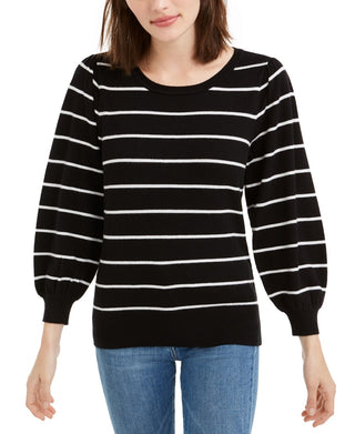 Suéter listrado feminino Maison Jules com manga bufante, preto, tamanho X-S