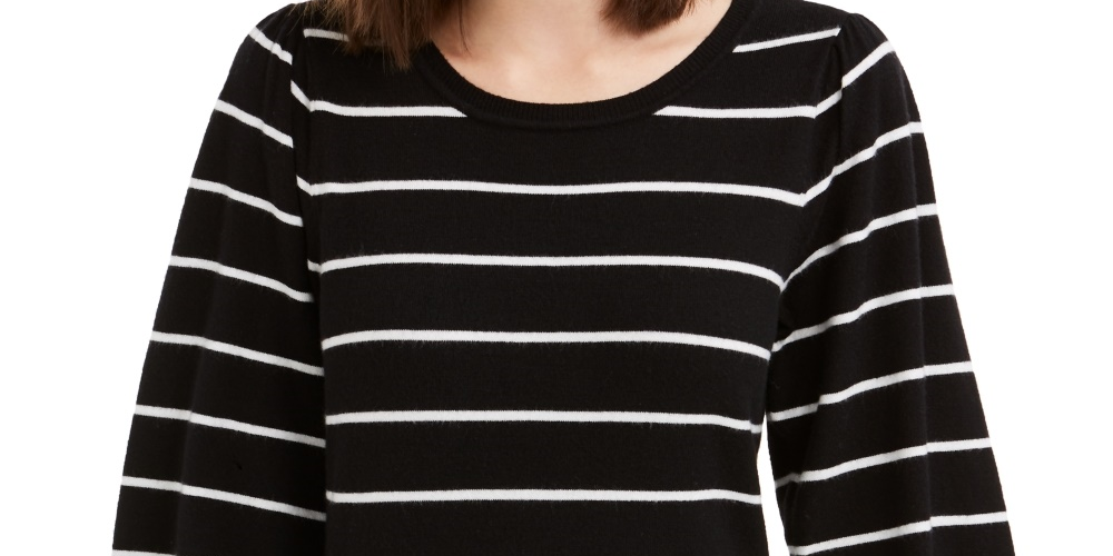 Suéter listrado feminino Maison Jules com manga bufante, preto, tamanho X-S