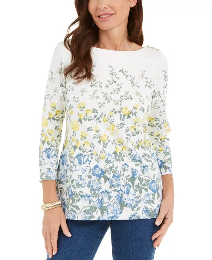 Charter Club Blusa feminina com estampa floral e decote canoa, branca, tamanho médio