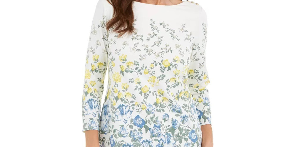 Charter Club Blusa feminina com estampa floral e decote canoa, branca, tamanho médio