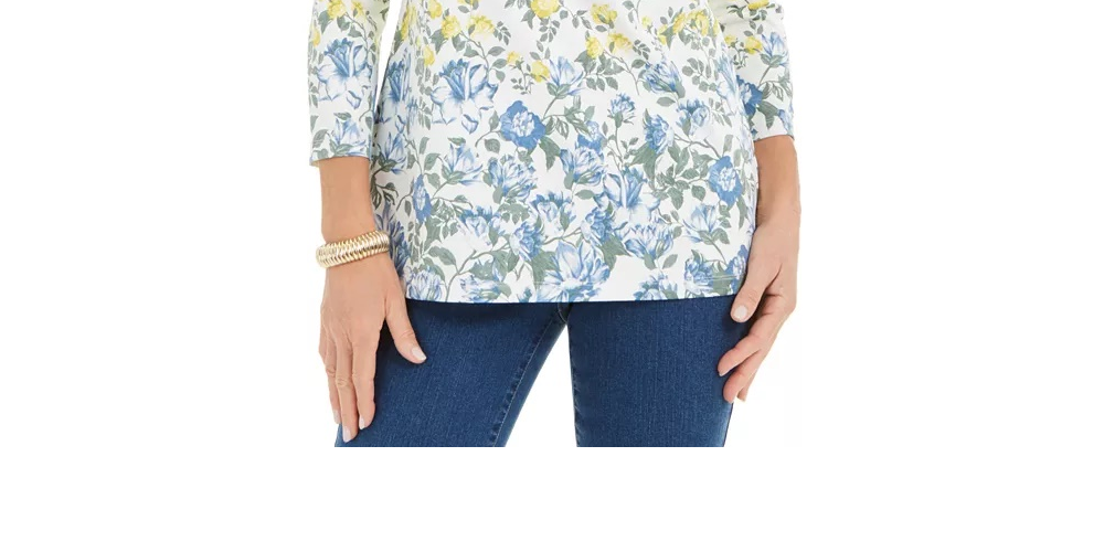 Charter Club Blusa feminina com estampa floral e decote canoa, branca, tamanho médio
