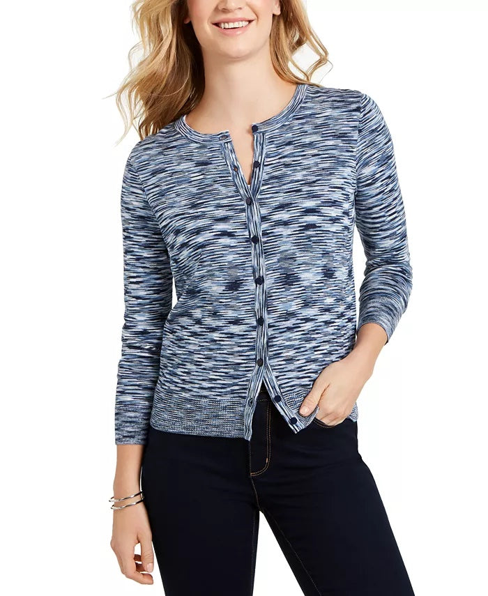 Cardigan feminino com botões tingidos no espaço, azul, tamanho médio