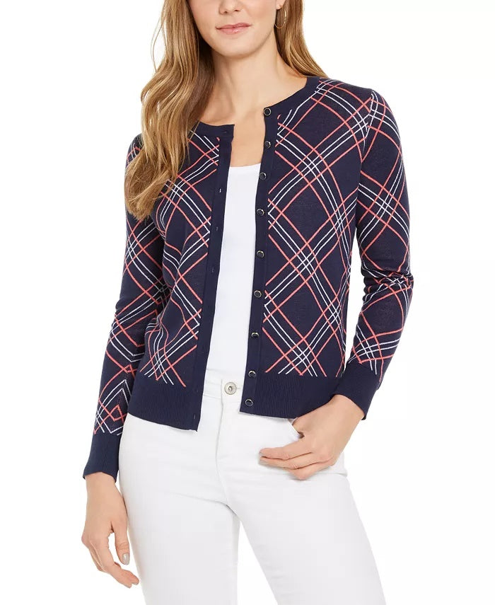 Cardigan xadrez feminino Charter Club, azul, tamanho grande