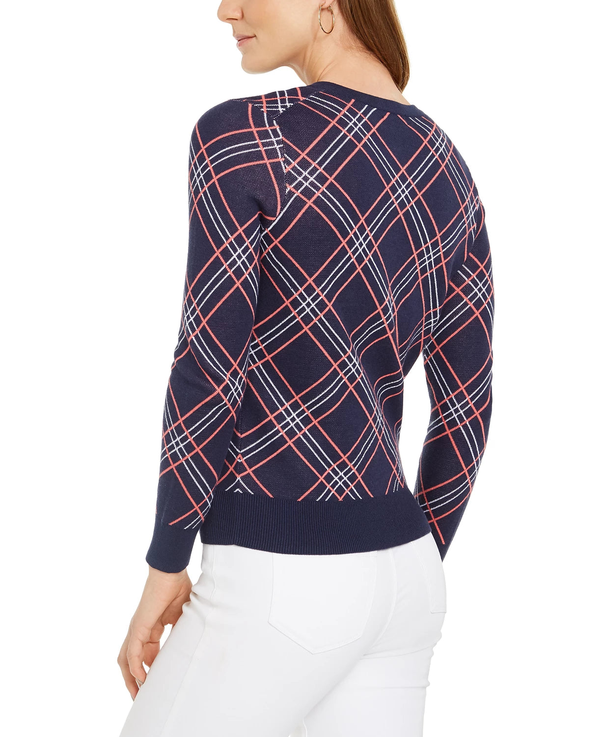 Cardigan xadrez feminino Charter Club, azul, tamanho grande