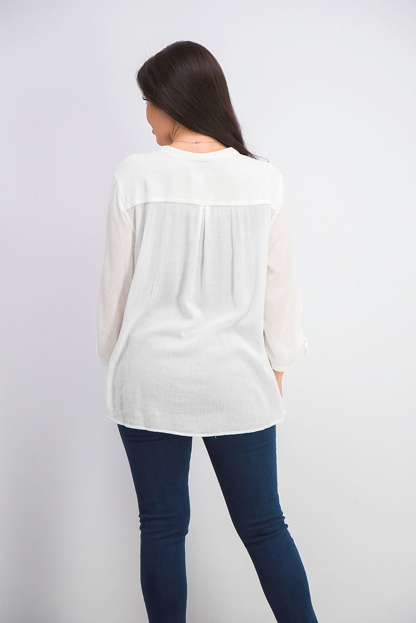 Blusa feminina Charter Club com mangas compridas e amarradas, branca, tamanho grande