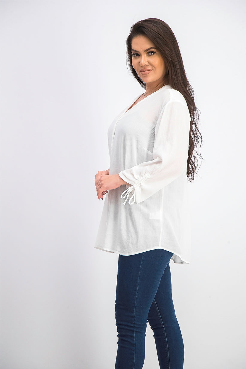 Blusa feminina Charter Club com mangas compridas e amarradas, branca, tamanho grande