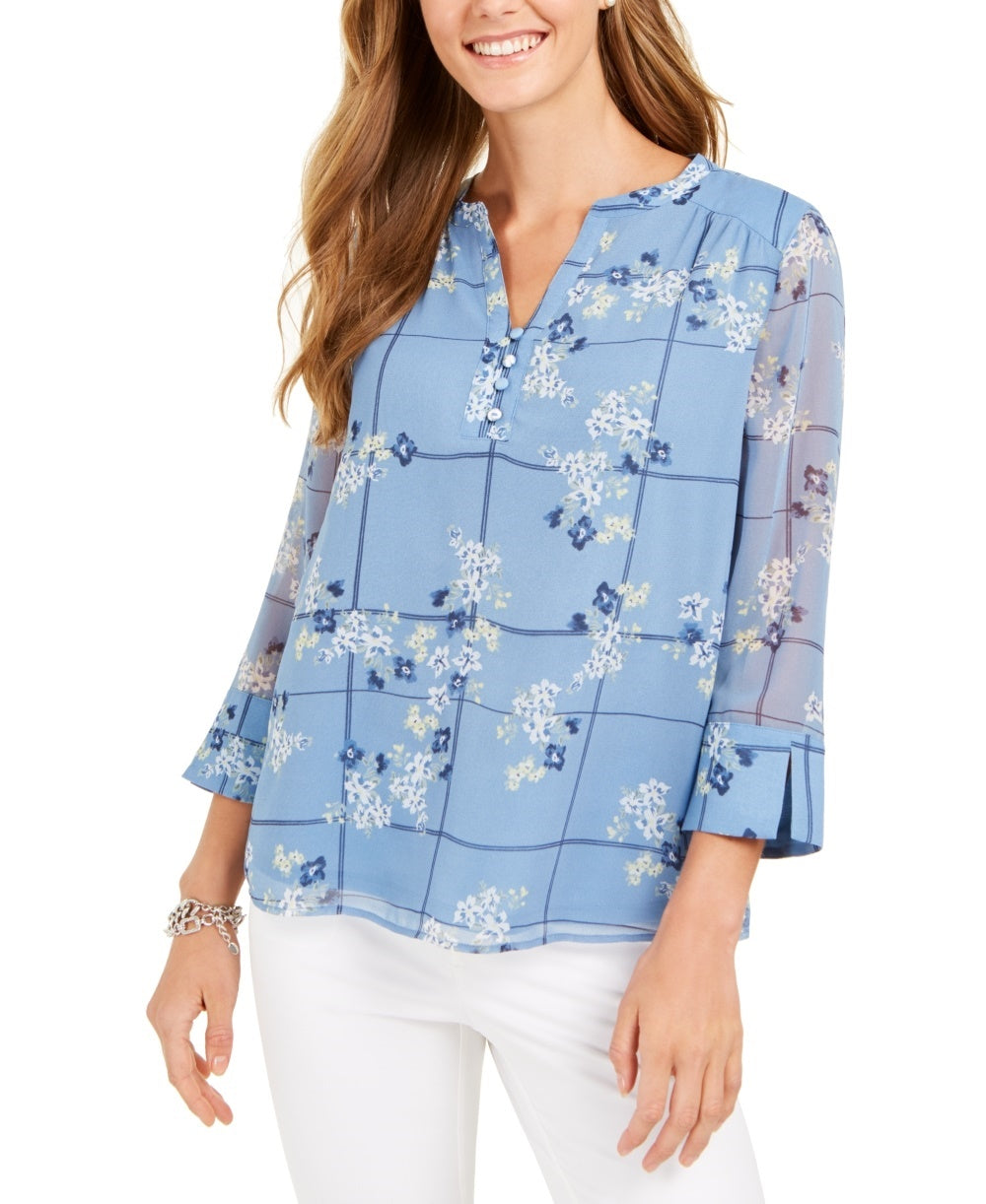 Túnica feminina de malha com mangas divididas e estampadas Charter Club, azul, tamanho extragrande