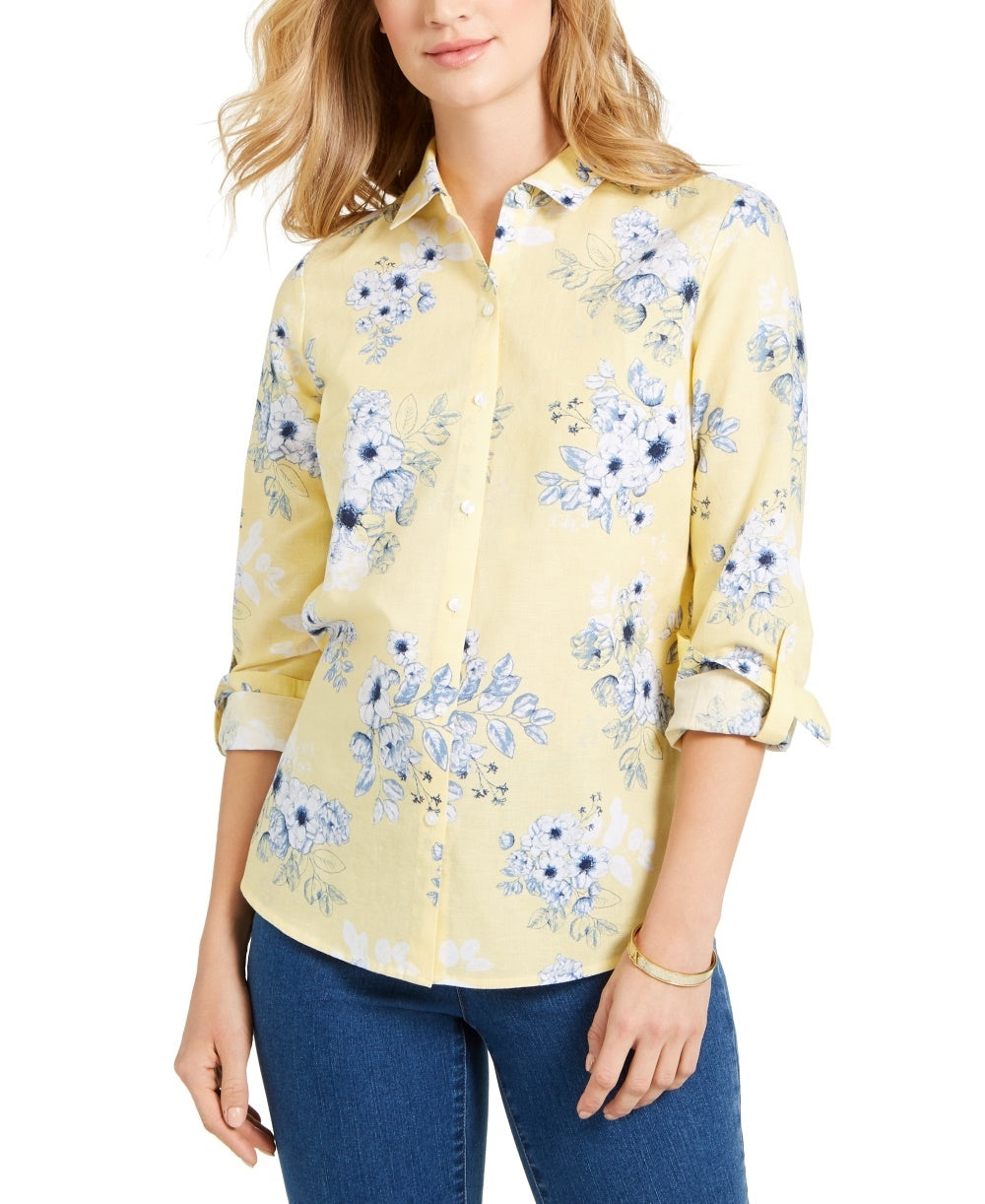 Camisa feminina Charter Club com estampa floral e mistura de linho, amarela, tamanho médio