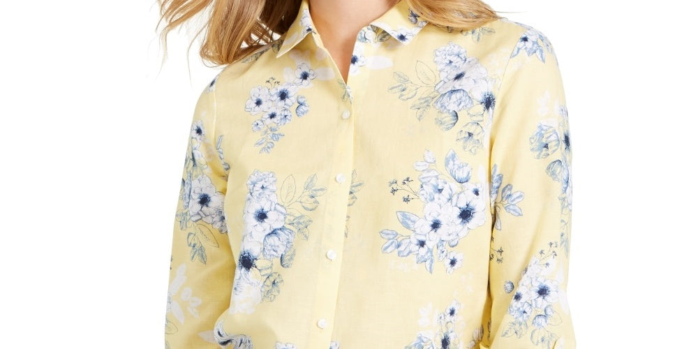 Camisa feminina Charter Club com estampa floral e mistura de linho, amarela, tamanho médio