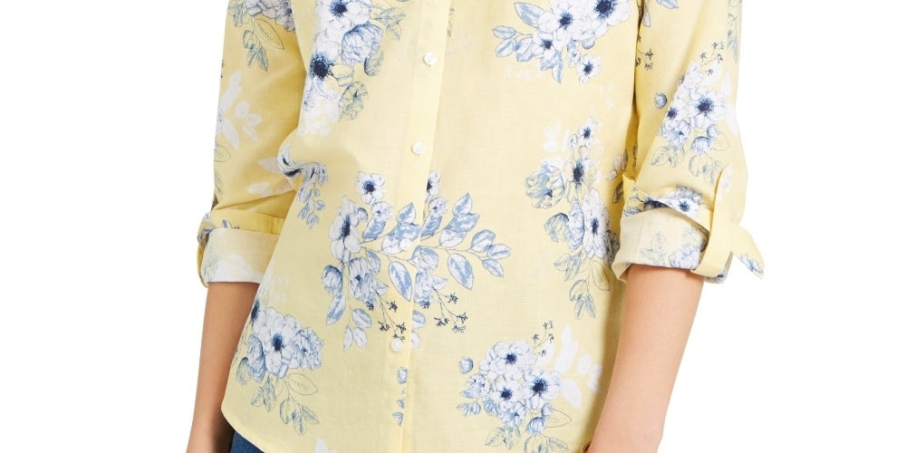 Camisa feminina Charter Club com estampa floral e mistura de linho, amarela, tamanho médio