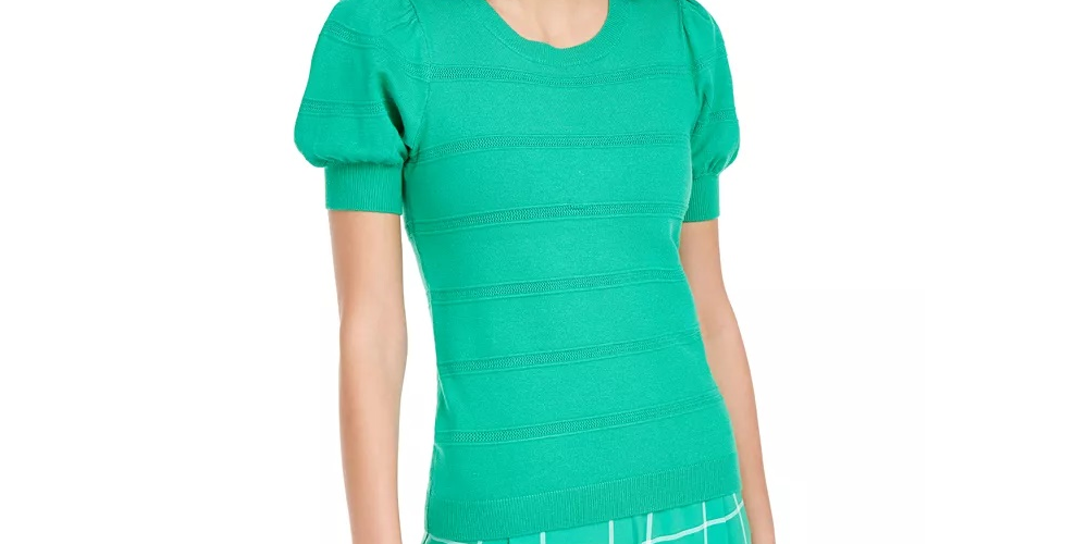 Suéter feminino Maison Jules com mangas bufantes verde-escuro, tamanho grande