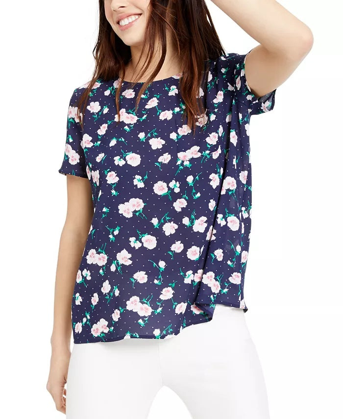 Blusa feminina Maison Jules com estampa floral e botões nas costas, azul-marinho, tamanho pequeno