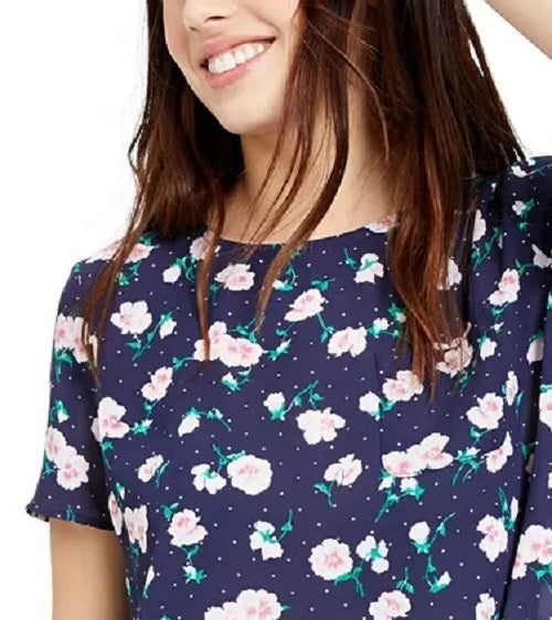 Blusa feminina Maison Jules com estampa floral e botões nas costas, azul-marinho, tamanho pequeno