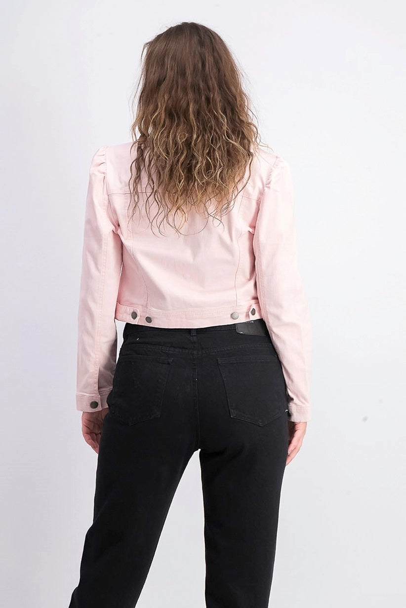 Jaqueta jeans feminina Maison Jules com manga bufante rosa, tamanho extragrande