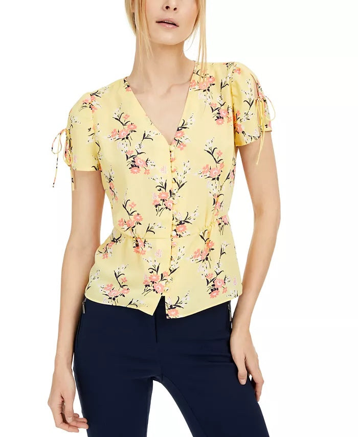 Blusa feminina Maison Jules com estampa floral e mangas divididas, azul-marinho, tamanho extragrande