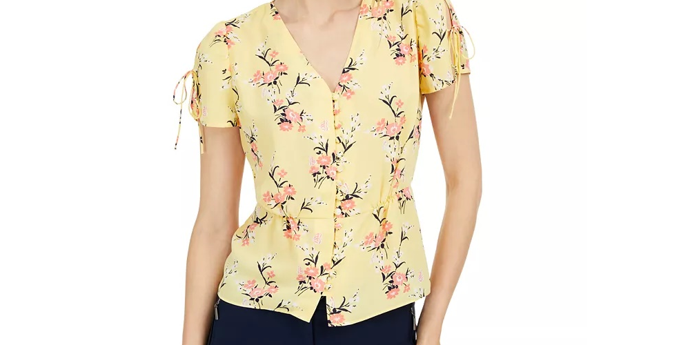 Blusa feminina Maison Jules com estampa floral e mangas divididas, azul-marinho, tamanho extragrande