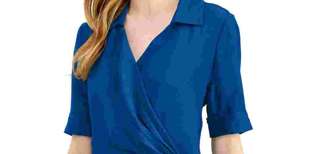 Blusa feminina Alfani com gola drapeada na frente, azul, tamanho pequeno e pequeno