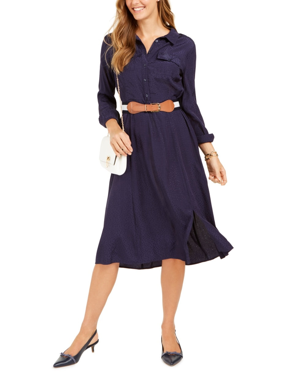 Vestido feminino Charter Club com botões frontais e cinto, tamanho X-G, azul