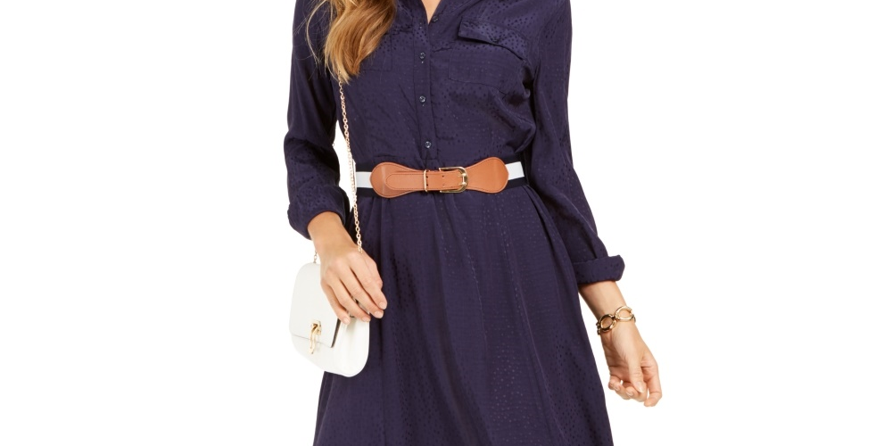 Vestido feminino Charter Club com botões frontais e cinto, tamanho X-G, azul