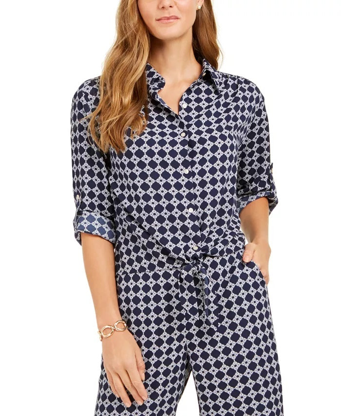 Charter Club Blusa feminina estampada com amarração frontal, azul, tamanho médio