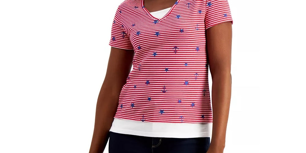 Camiseta feminina Karen Scott Petite Sailor vermelha brilhante, tamanho médio