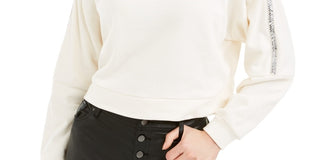 Camiseta feminina Bar III com decote em joia e manga comprida, embelezada em marfim, tamanho X-S