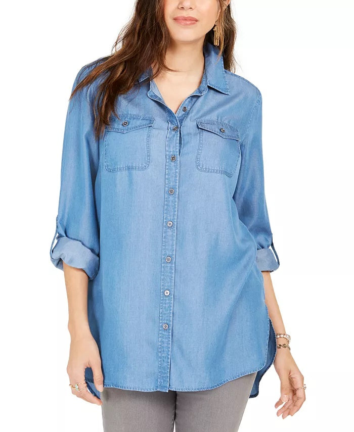 Túnica feminina estilo &amp; co com mangas curtas, azul, tamanho grande