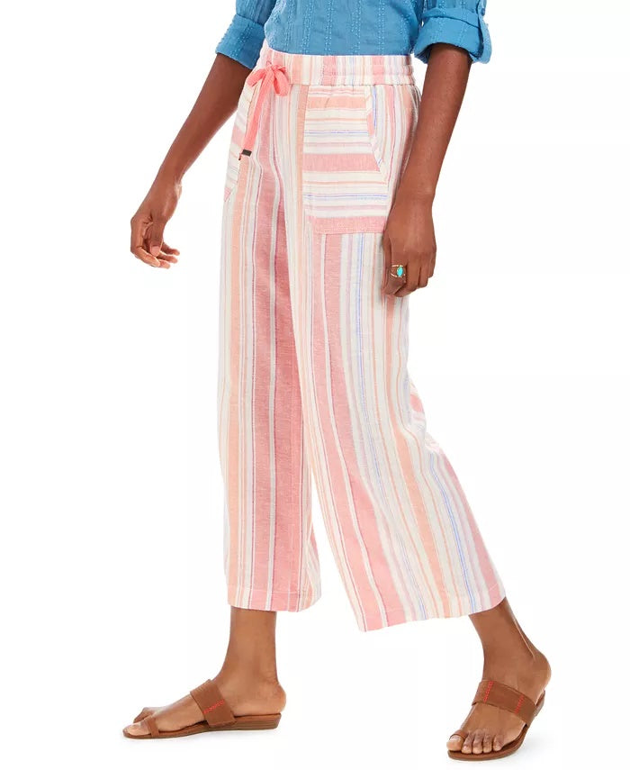 Calça cropped feminina listrada de linho estilo &amp; co, rosa, tamanho pequeno